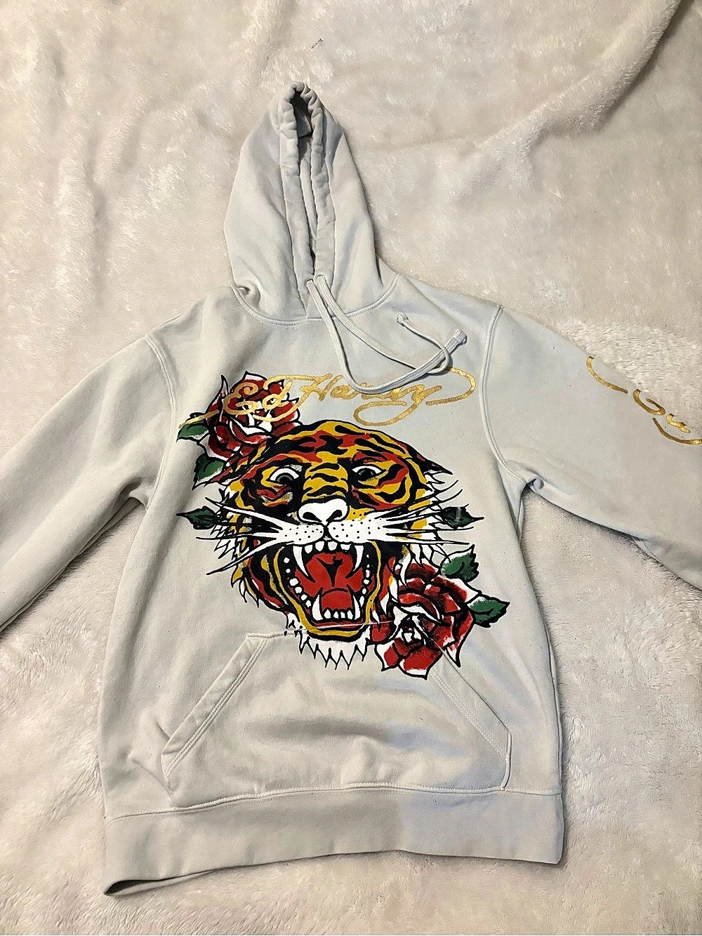 Ed Hardy Tiger Graphic Pullover Hoodie Size XS Gray